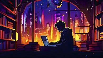 Vector art depiction of a user interacting with a laptop hidden away in a warm home ambiance, AI