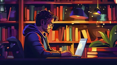 Vector art depiction of a user interacting with a laptop hidden away in a warm home ambiance, AI