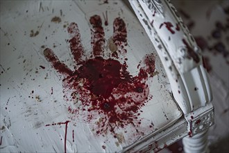 Bloody human hand print on white furniture. KI generiert, generiert, AI generated