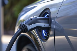 Plug charging electric black car. KI generiert, generiert, AI generated