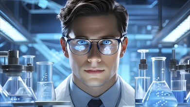 Scientist in a laboratory wearing protective eyeglasses, AI generated