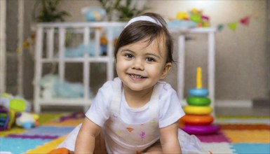 Smiling baby in a white dress sits on a colourful carpet, surrounded by toys, AI generated, AI