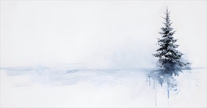 Abstract minimalist winter scene with a single, sharp silhouette of a snow-covered tree on a vast,