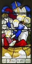 Detail stained glass window of Christ's life, Burlison & Grylls c 1880, Kelsale church, Suffolk,