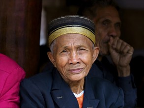 Old man, portrait, in festive clothes, funeral ceremony, Tana Toraja, Sulawesi, Indonesia, Asia