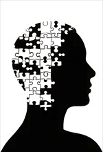 Human head silhouette made from puzzle pieces, isolated on a pure background, AI generated