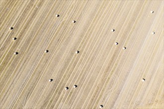 Aerial view, straw bales on farmland, near Celle, Lower Saxony, Germany, Europe