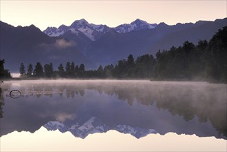 Trees reflected in Lake Matheson, Westland National Park, South West New Zealand World Heritage