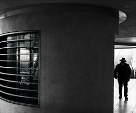 Black and white photograph, interior shot, Bundestag underground station, Berlin, Germany, Europe