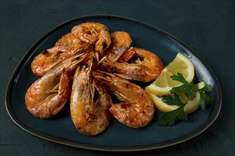 Fried with spices, King prawns, undivided, top view, selective focus, seafood, shrimp, no people