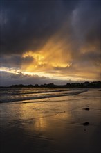 Landscape on the Lofoten Islands. The village of Ramberg, with the sea and the sandy beach