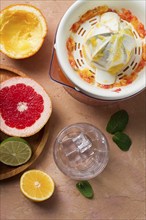 Citrus juicer, sliced fruit, glass with ice, close-up, no people, breakfast