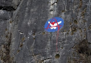 Steep rock face made of mass limestone with painting, Hönnetal, Balve, Sauerland, North