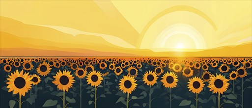 Abstract illustration of a field of sunflowers backlight with beautiful sunrise, AI generated