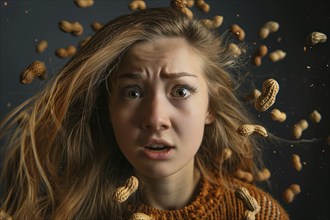 Scared woman surrounded by peanuts in front of dark background. Generative Ai, AI generated