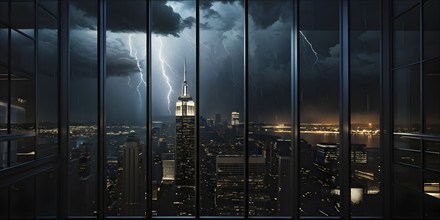 Office building with a full glass facade and illuminated windows at a rainy day with thunder