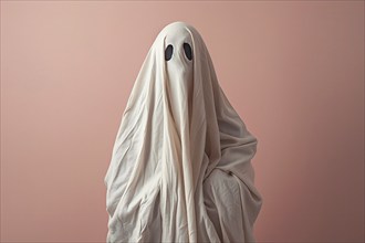 Person in simple Halloween Ghost costume made out of white blanket in front of pink background.