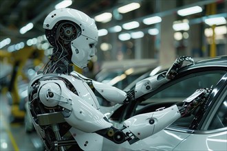 Futuristic humanoid cyborg working inside a car in a vehicle assembly production line, AI generated