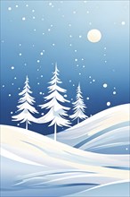 Abstract winter wonderland with minimalist stylized pine trees and snowdrifts using soft pastel