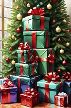 Abstract illustration of wrapped Christmas gifts, shiny ribbons and bows, stacked under a evergreen