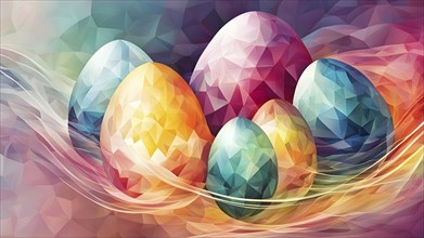 Easter-inspired abstract artwork with layered, translucent egg shapes overlapping with bursts of