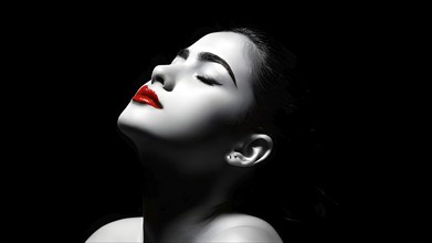 Black and white bodyscape capturing a young woman with red lips and eye shadow, AI generated