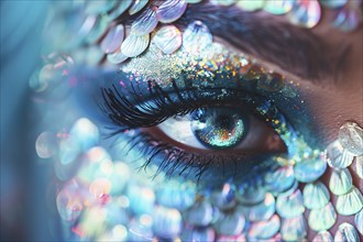 Close up of woman's beautiful mermaid Halloween costume eye makeup. Generative AI, AI generated