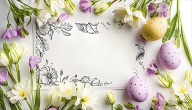 Easter card with delicate hand-drawn illustrations, placed among fresh flowers and decorated eggs,