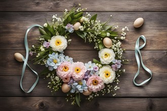 Spring wreath with pastel ribbons, speckled eggs, and blooming flowers, hanging on a wooden