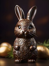 Easter bunny figurine made of chocolate, with a soft focus on intricate patterns and glossy