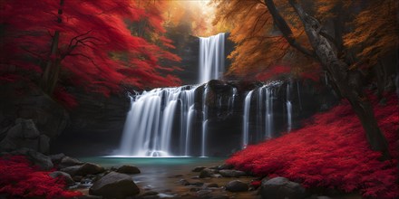 Waterfall in a forest in autumn with vibrant leaves, AI generated