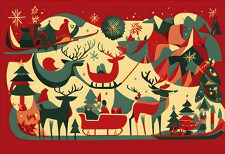 Whimsical abstract scene with stylized reindeer and sleighs to capture the magic of Christmas, AI