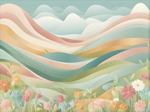 Easter-themed abstract landscape with fluid, flowing lines representing hills, flowers, and hidden