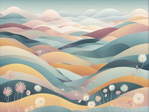 Easter-themed abstract landscape with fluid, flowing lines representing hills, flowers, and hidden