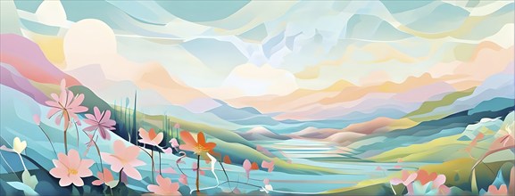 Easter-themed abstract landscape with fluid, flowing lines representing hills, flowers, and hidden