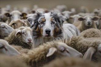 Australian Shepherd dog between flock of sheep. KI generiert, generiert, AI generated