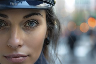 Close up of face of female police officer. KI generiert, generiert, AI generated