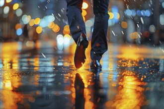 A businessman walks across a street at night in rainy weather, the city lights reflect in the