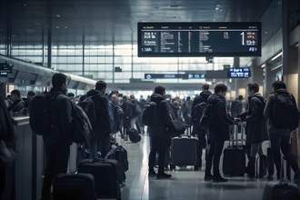 Airport gate with a crowd of waiting passengers, AI generated