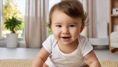 Crawling baby in bright, natural living room, AI generated, AI generated