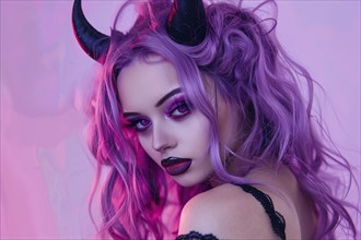 Young woman with Halloween costume devil horns and purple hair and makeup. Generative ai, AI