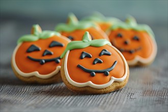 Halloween cookies in shape of carved pumpkins with icing. Generative AI, AI generated