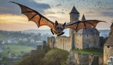 Symbo, graphics, a bat in flight, an old castle ruin in the background, evening mood, AI generated,