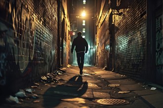 Man fleeing down a narrow dimly lit alleyway urban setting at nighttime, AI generated