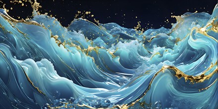 Digital art illustration of a liquid whirlpool swirling with cyan and golden tones, AI generated