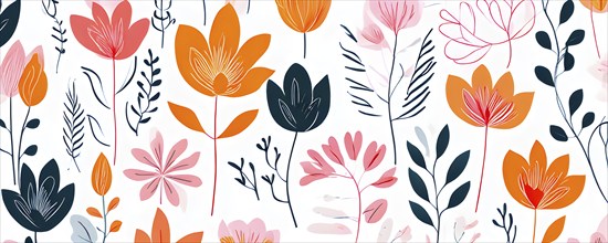 Botanical doodle background illustration with flower and leaves in abstract shapes, AI generated