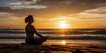 Early morning yoga session on a serene beach in sunrise, AI generated