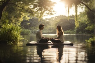 Couple sits cross legged on mats in meditation surrounded by tranquil garden, AI generated