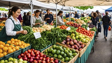 Fresh vibrant organic fruits and vegetables at a bustling farmers market, AI generated