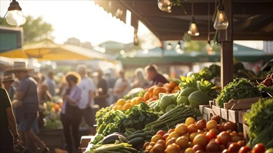 Fresh vibrant organic fruits and vegetables at a bustling farmers market, AI generated